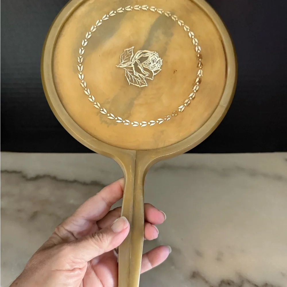 VINTAGE MCM Celluloid Hand Mirror Unbroken Large13
